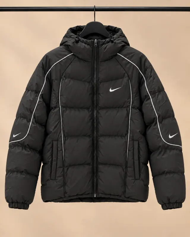 Nike Sportswear Hooded Puffer Jacket with Contrast Piping أسود