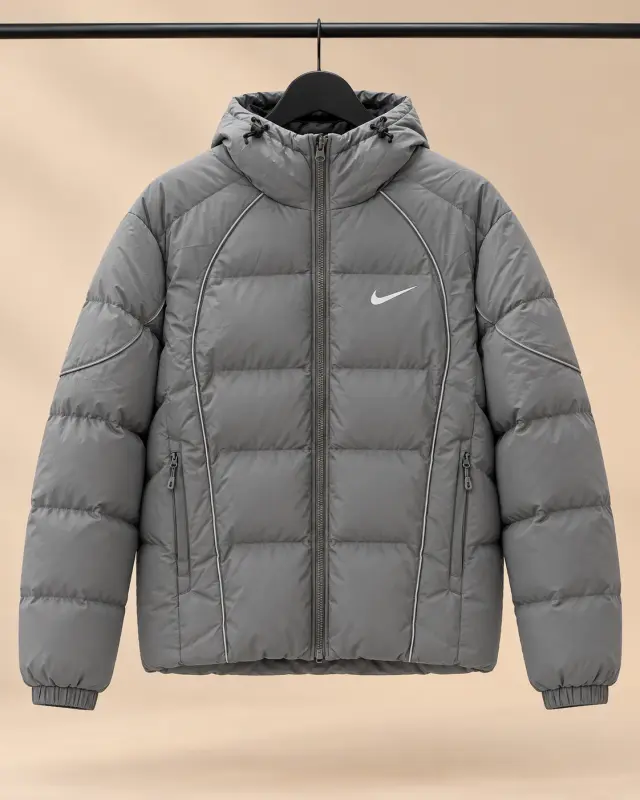 Nike Sportswear Hooded Puffer Jacket with Contrast Piping رمادي