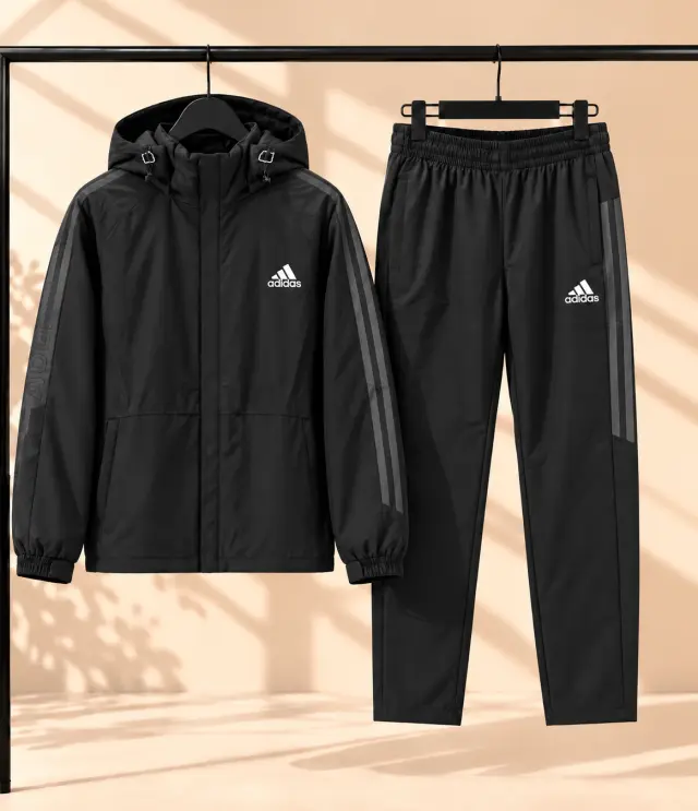 adidas Hooded Windbreaker Jacket and Track Pants Set أسود