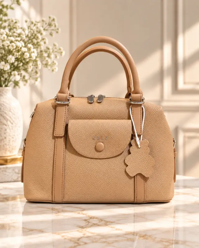 SOLO Leather Top-Handle Bag with Bear Charm بيج غامق