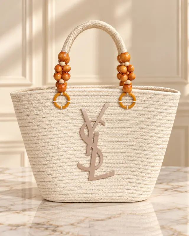 YSL Panier Wood-Beaded Raffia Tote أبيض