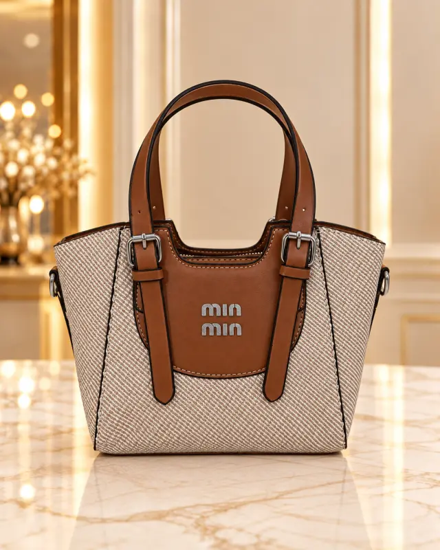 Min Min Woven Straw & Leather Handbag بيج وبني