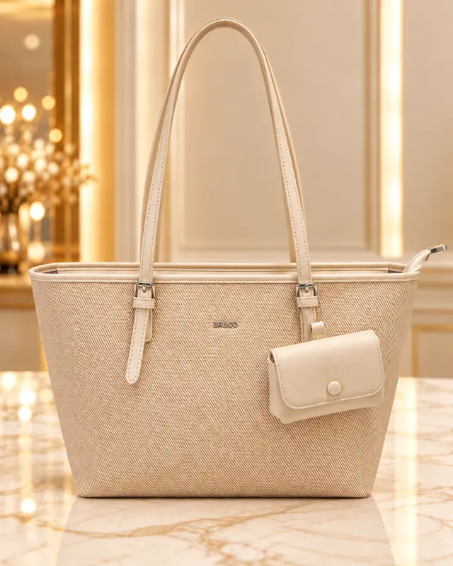 BAGOO Straw-Textured Tote Bag بيج