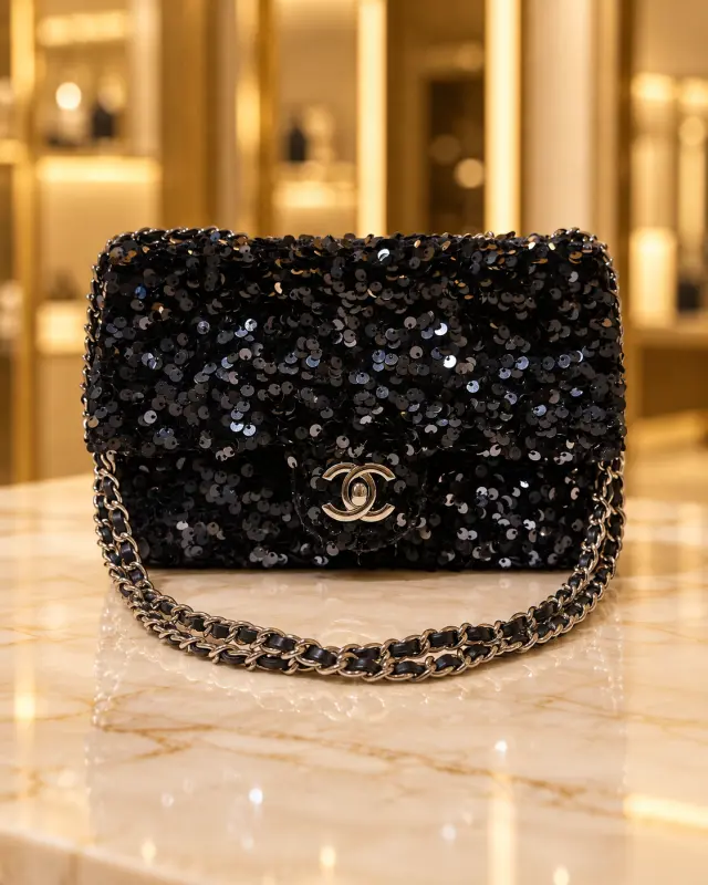 Chanel Sequin Mini Classic Flap Bag أسود