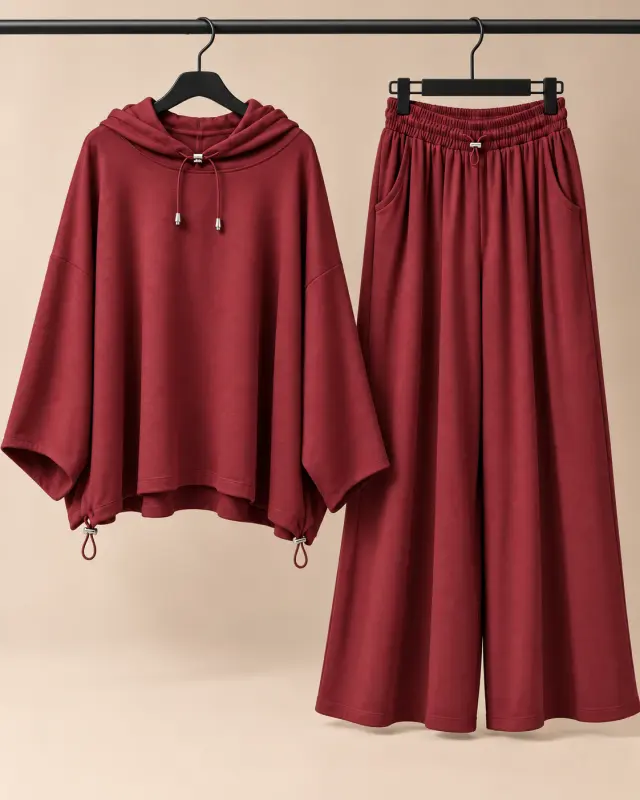 Oversized Hoodie and Wide-Leg Pants Set برغندي