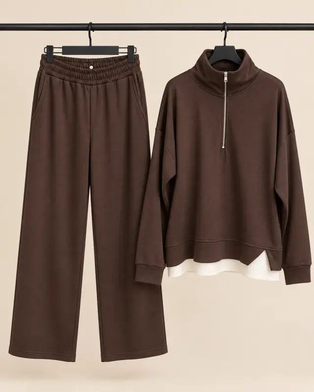Quarter-Zip Wide-Leg Set بني