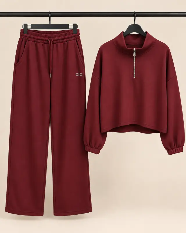 Alo Yoga Accolade Sweatshirt & Wide-Leg Pants Set برغندي