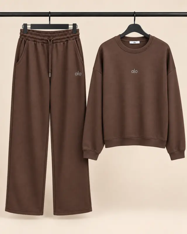Alo Yoga Fleece Crewneck & Wide-Leg Pants Set بني