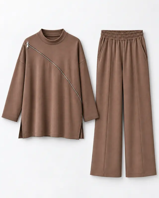 Asymmetric Zip Mock Neck Loungewear Set بني