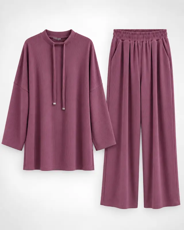 Ribbed Knit Mock Neck Wide-Leg Loungewear Set موف