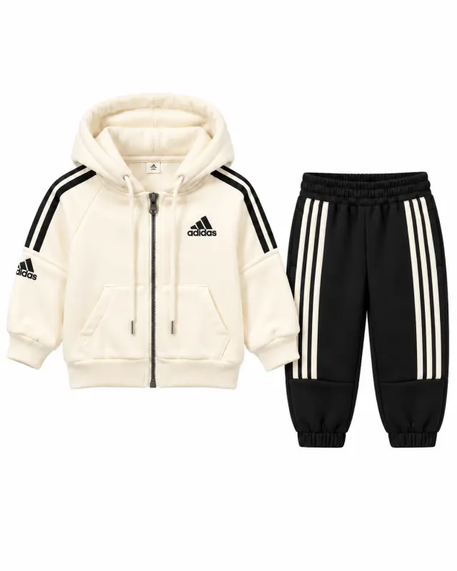 Adidas Hoodie and Striped Joggers اوف وايت