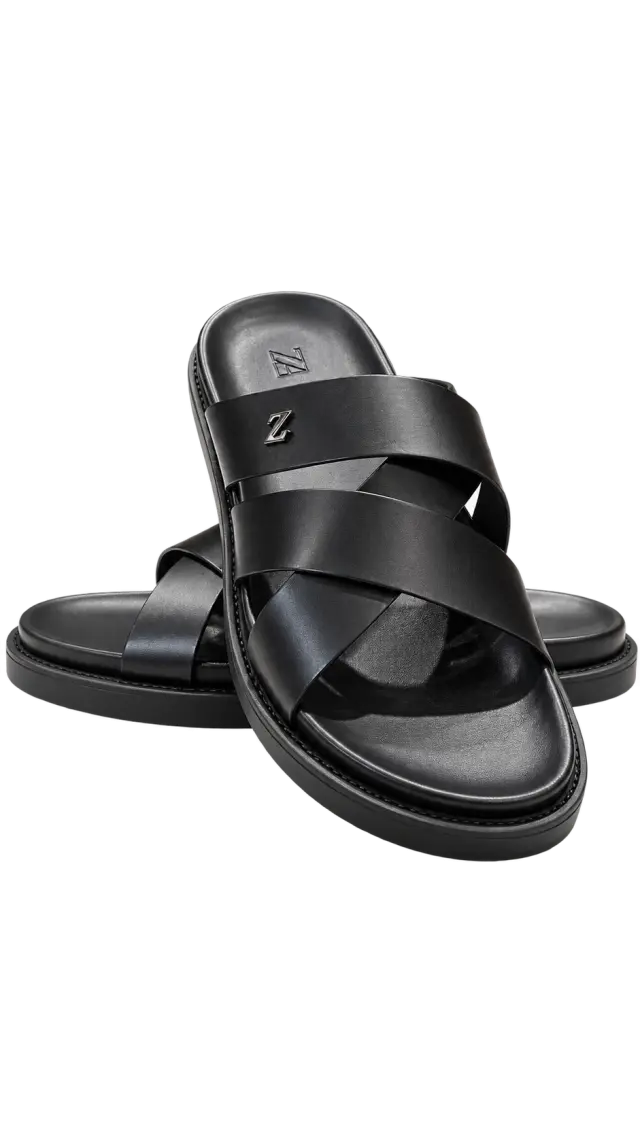 Black Leather Cross-Strap Sandals أسود