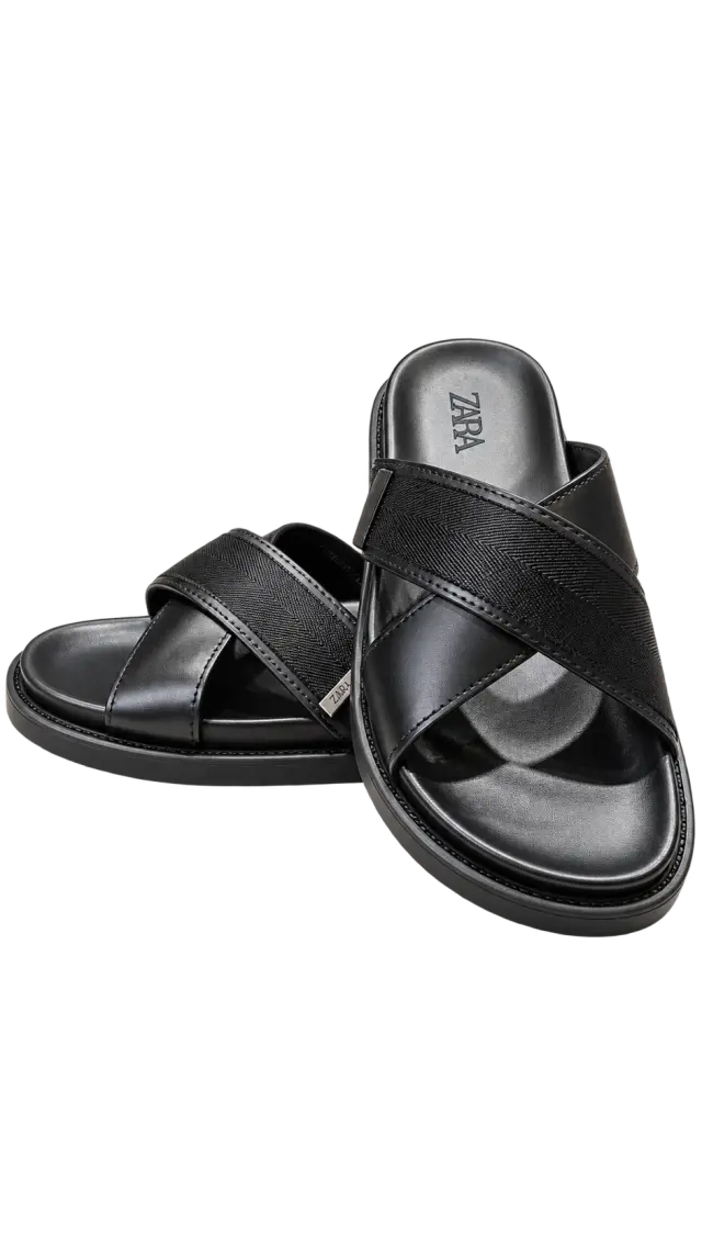 Black Zara Cross-Strap Slide Sandals أسود