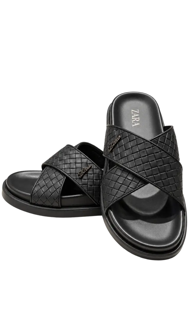 Black Woven ZARA Slide Sandals أسود