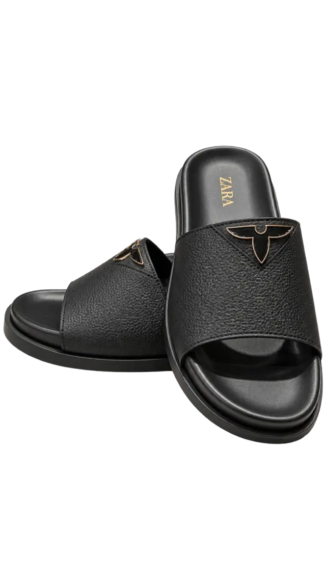 ZARA Leather Slide Sandals أسود